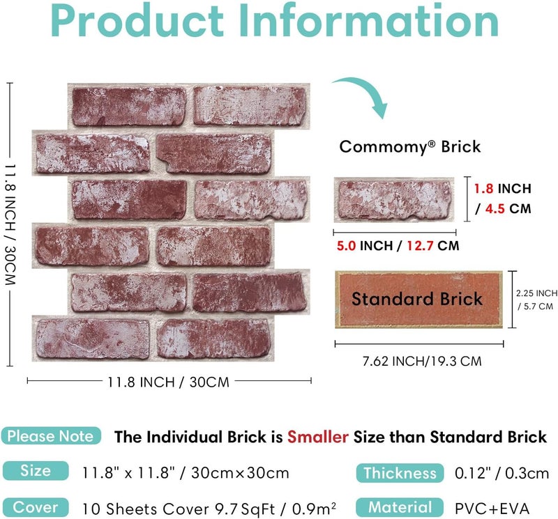 Commomy 3D Peel and Stick Brick Backsplash - 10 pcs 11.8"x11.8" Small Size PVC Printable Retro Faux Brick Wall Panels Brick Wallpaper Wall Tile for Kitchen,Bedroom,Bathroom,Living Room,Fireplace - Image 5